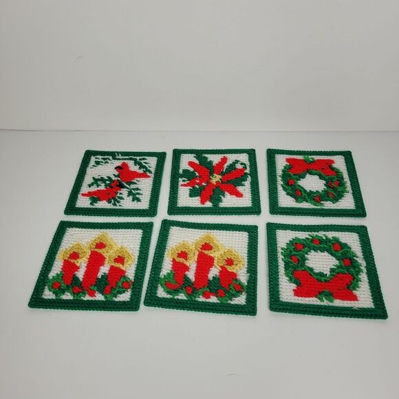 Vintage Christmas Coasters Handmade Needlepoint Candles Wreaths Cardinal - Picture 1 of 3